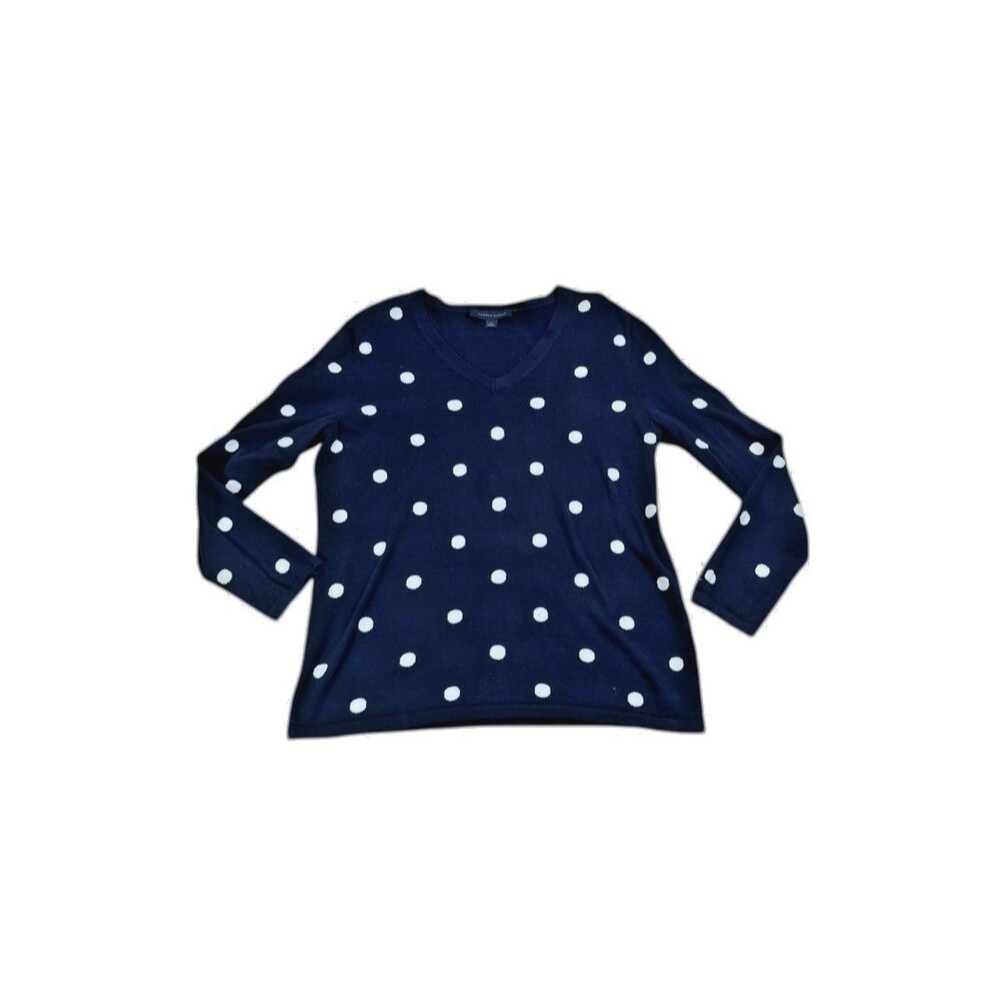 Tommy Hilfiger Sweater Polka Dot Blue White V-Neck 100% Cotton Womens Size Large